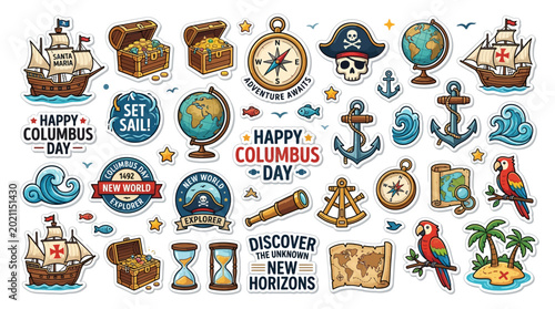 Colorful Columbus Day Nautical Stickers Featuring Ocean Adventure Objects and Explorer Travel Activities Representing Fun Maritime Discovery and Celebration Concept