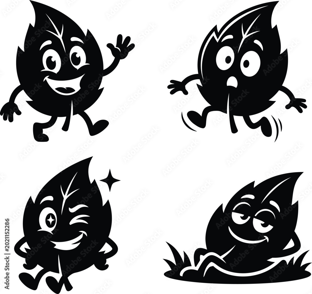 Fototapeta premium Funny cartoon leaf character silhouette set featuring four unique expressive mascot designs for creative projects.