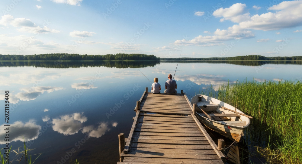Fototapeta premium Father and son fishing on a wooden pier at calm lake