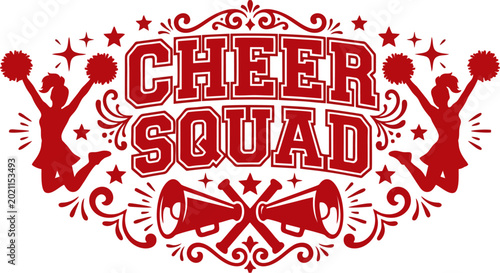 Fotografija Cheer Squad Red Vector Logo with Cheerleader Silhouettes, Megaphones, Stars and