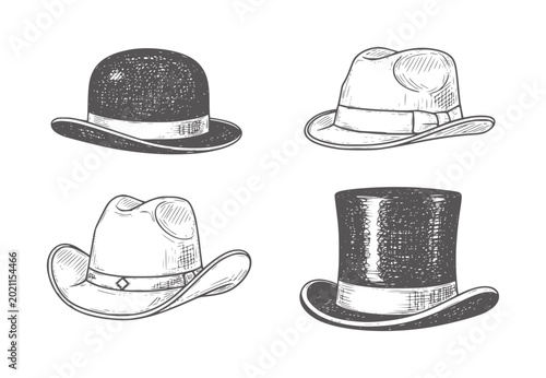 Schilderij op canvas Four vintage hats including bowler cowboy fedora and hat