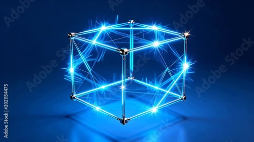 Glowing blue wireframe cube structure with metal nodes and floating light particles