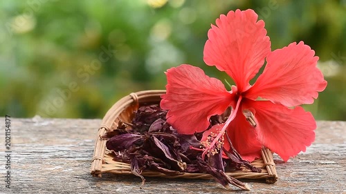 Fresh and dried hibiscus flowers on natural background.