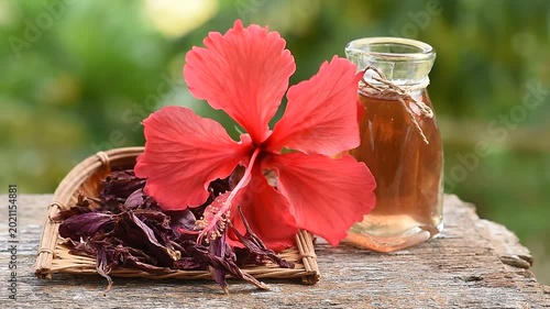 Hibiscus flowers and extract in the bottle on natural background.