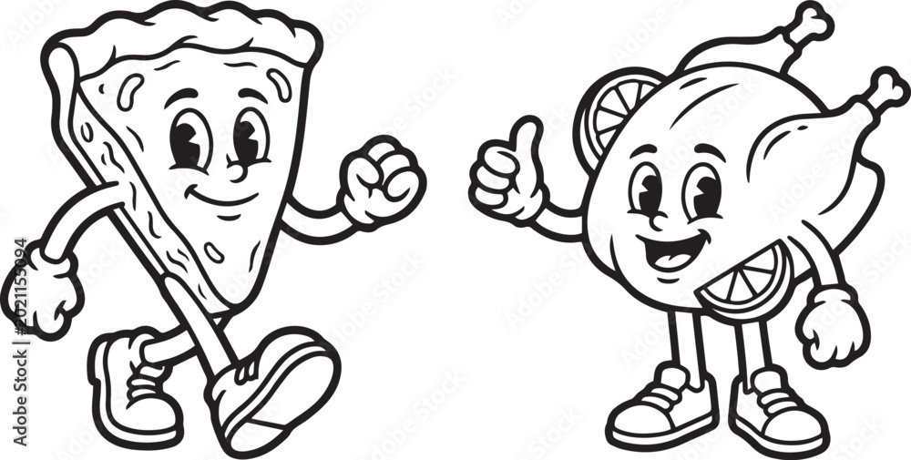 Fototapeta premium Cartoon slice of pizza and whole roasted chicken with lemons walk happily with thumbs up in a clean white space