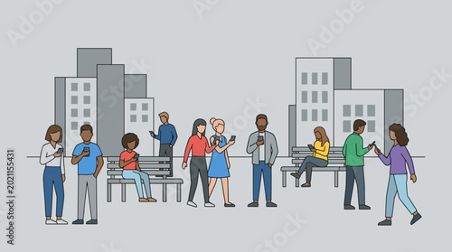 Diverse Group of People Engage with Mobile Phones in Urban Setting Modern Communication