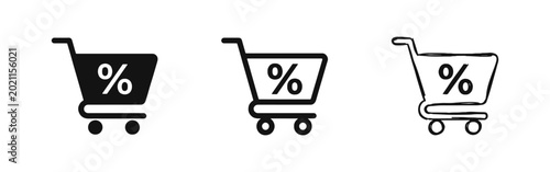 Bild auf Leinwand E-commerce shopping cart icons with discount percentage sign in solid, line, and