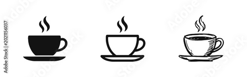 Cuadro en lienzo Coffee cup icons with steam on saucer in solid, line, and hand-drawn styles