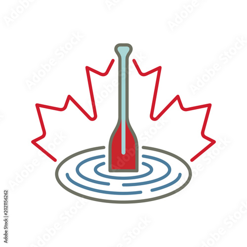 Canoe paddle in water with ripples and a red maple leaf behind