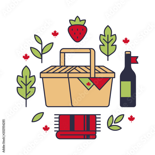 Picnic basket with bottle, blanket, and strawberry, decorated with maple leaves