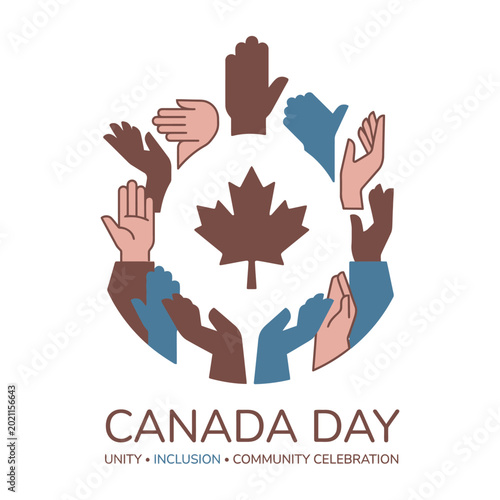 Circle of diverse hands raised around a Canadian maple leaf for unity
