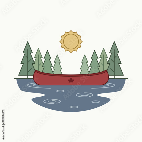 Red canoe on a tranquil blue lake surrounded by evergreen trees with a bright yellow sun