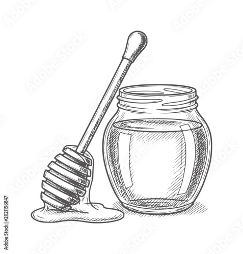 Φωτογραφία Hand drawn glass jar filled with golden honey and wooden dipper