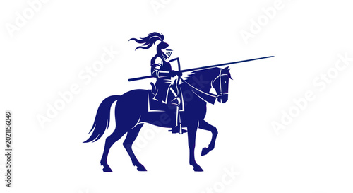 Bild auf Leinwand Knight on horseback with lance, blue silhouette, white background