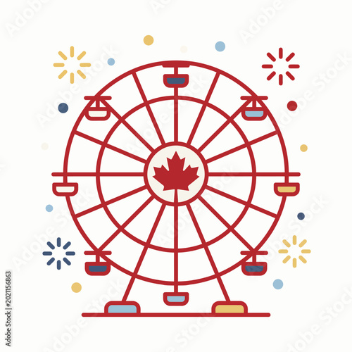 Canadian heritage ferris wheel with maple leaf at center and colorful celebratory sparkles