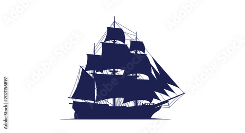 Fotografi Silhouette of a majestic tall ship sailing on the sea, vintage nautical vessel
