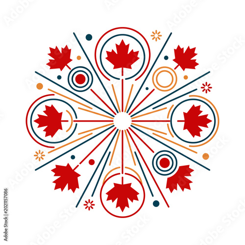 Circular abstract design with red maple leaves and geometric lines for Canadian celebration