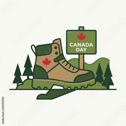 Hiking boot with maple leaf emblem near a Canada Day signpost in a forest setting