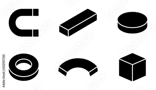 Canvas Print Set of Six Black Isometric Magnetic Shapes: Horseshoe, Bar, Cylinder, Ring, Arc, Cube