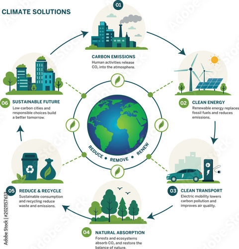 Modern sustainability infographic showcasing carbon reduction strategies through renewable energy, electric transportation, recycling, and forest conservation, designed for environmental education, cl