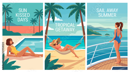 Tableau sur toile This stunning triptych captures the essence of summer with sun-soaked scenes of poolside relaxation, luxurious beaches, and breathtaking coastal getaways