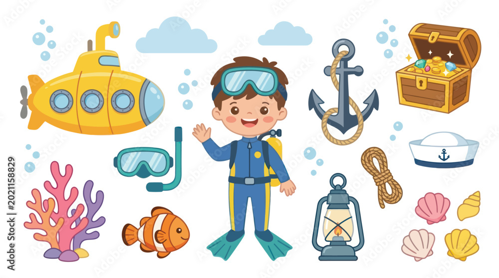 Fototapeta premium Underwater Adventure: Scuba Diver, Submarine, Treasure Chest, Ocean Icons Flat Vector Art