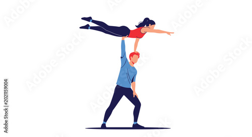 Male and female acrobats perform a challenging balance lift where the man supports the woman high above his head with one arm.