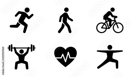 Φωτογραφία Fitness Icons Set: Running, Walking, Cycling, Weightlifting, Heartbeat, Yoga Pos