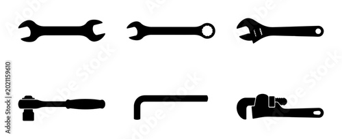 Foto Set of 6 Black Silhouette Tools: Wrenches, Ratchet, Allen Key, Pipe Wrench