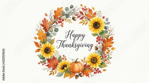 Watercolor thanksgiving wreath with sunflowers pumpkins and autumn foliage