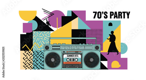 Vibrant 70s party graphic combines a classic boombox with bold geometric patterns and silhouettes for a retro music vibe.