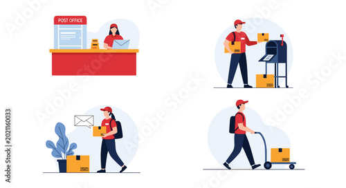 Postal service illustration features mail carriers performing various tasks like sorting letters and delivering parcels.