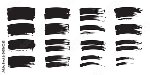 Set of isolated black hand drawn paint brush strokes and curved ink marks for artistic graphic design use.