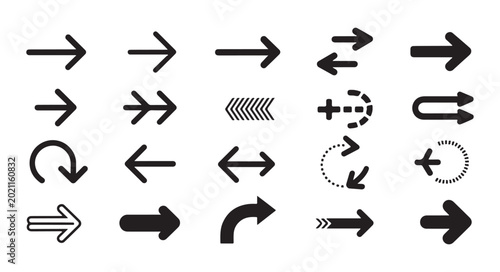 Diverse set of arrow icons featuring straight curved and circular designs for navigation user interface.