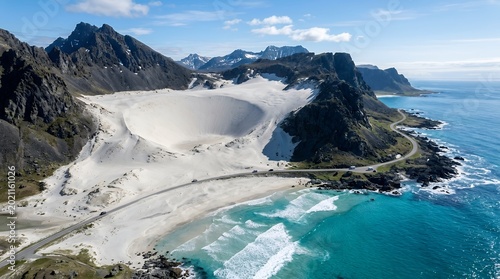 Aerial view of a white sand beach and coastal road in Norway