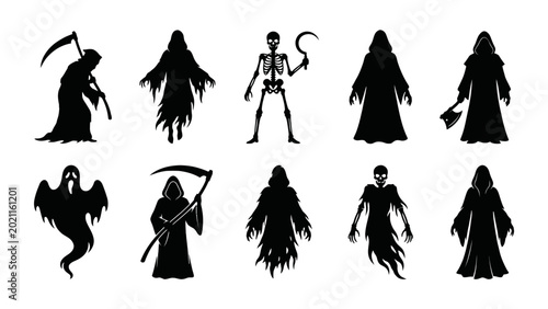 Collection of spooky grim reaper and skeleton silhouettes for 2d gaming enemy character design