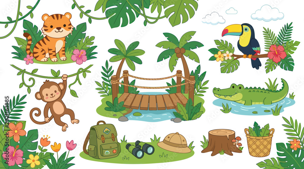 Fototapeta premium Jungle Safari Vector Art: Animals, Bridge, and Camping Gear in Flat Style