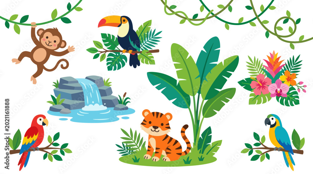 Fototapeta premium Jungle Animals and Plants Vector, Cartoon Style, Nature, Wildlife