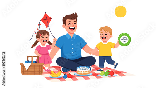 Quadro su tela Joyful Picnic: A heartwarming illustration of a father enjoying a sunny picnic with his two children, complete with a basket, kite, and sweet treats