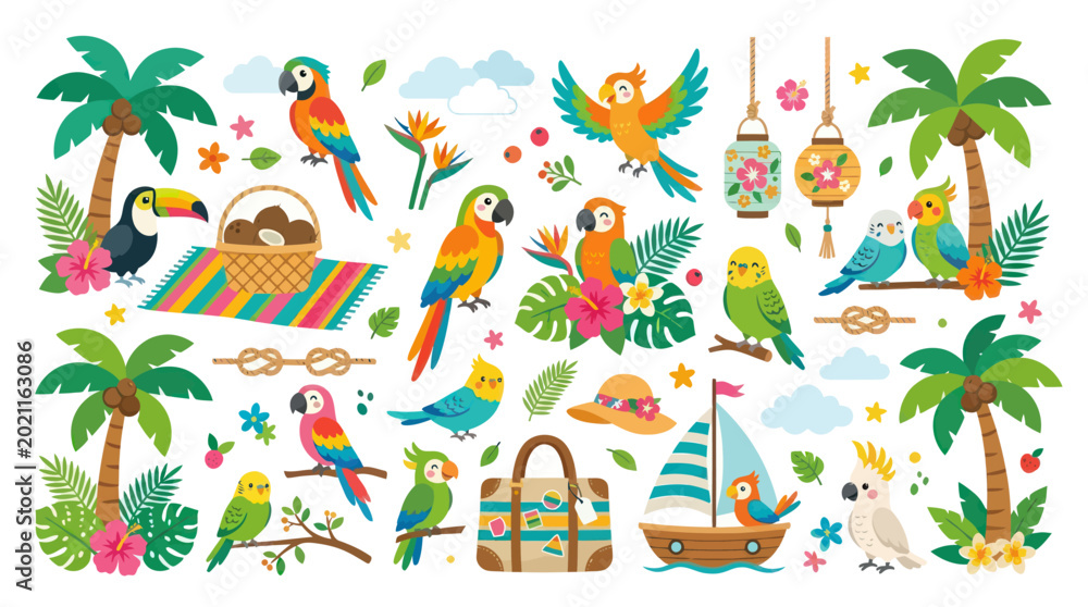Obraz premium Tropical Paradise Vector: Parrots, Toucan, Palm Trees, Sailboat, Beach Picnic