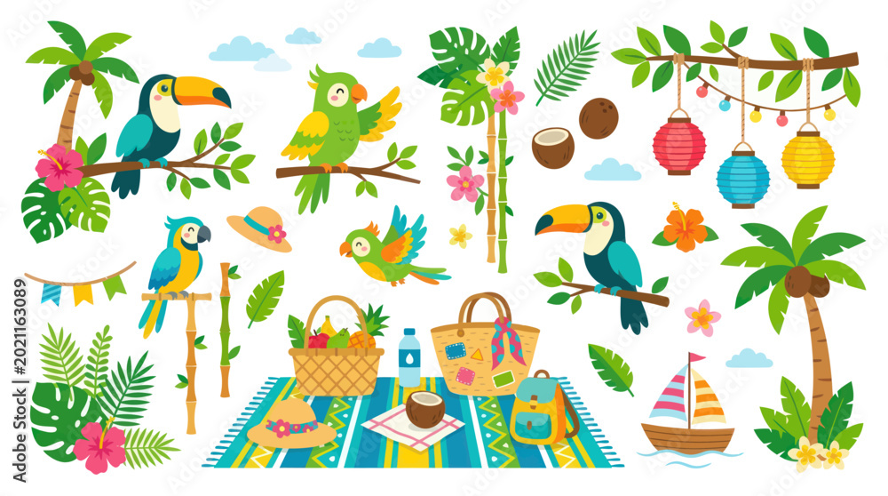 Fototapeta premium Tropical Summer Vacation Beach Scene with Toucans and Parrots, Flat Art