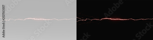 Fotografie Realistic red lightning strike set, atmospheric glowing electrical discharge and