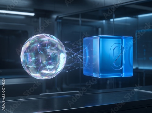 Futuristic Energy Transfer Between Sphere and Cube in High-Tech Lab