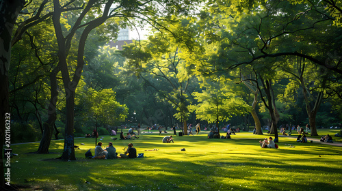 a lush public park full of mature trees and people relaxing, walking, and enjoying nature in an urban green oasis, representing the importance of green spaces in sustainable cities.
