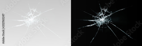 Obraz na płótnie Realistic broken glass crack set, atmospheric shattered window hole with sharp s
