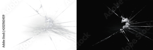 Fotografie Realistic broken glass crack, atmospheric shattered window hole with sharp splin
