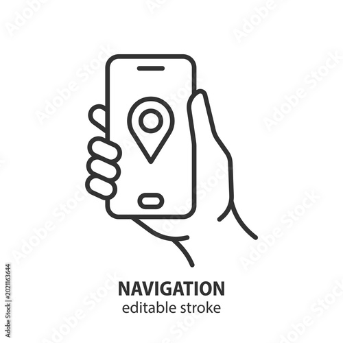 Hand holding smartphone with location pin icon on screen. Navigation and GPS tracking app symbol. Digital map route service. Editable stroke. Vector illustration.