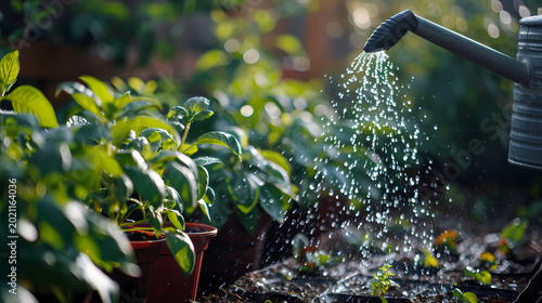 a homeowner carefully watering plants in an eco home garden using water-conserving methods such as drip irrigation or rainwater collected in barrels, representing mindful water use.