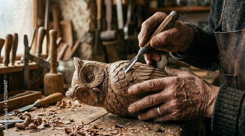 Woodcarver carving a detailed owl sculpture in a rustic workshop