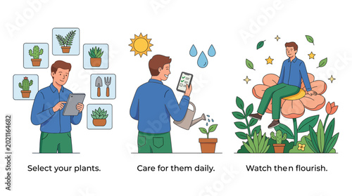 Фотография An instructional illustration demonstrating plant care, featuring plant selection, daily care activities, and ultimately flourishing greenery in a visually engaging manner
